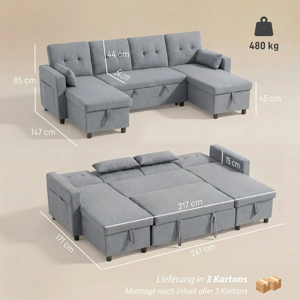 Kampinė sofa su miegama funkcija U formos 4 vietų sofa su stalčiais pilka