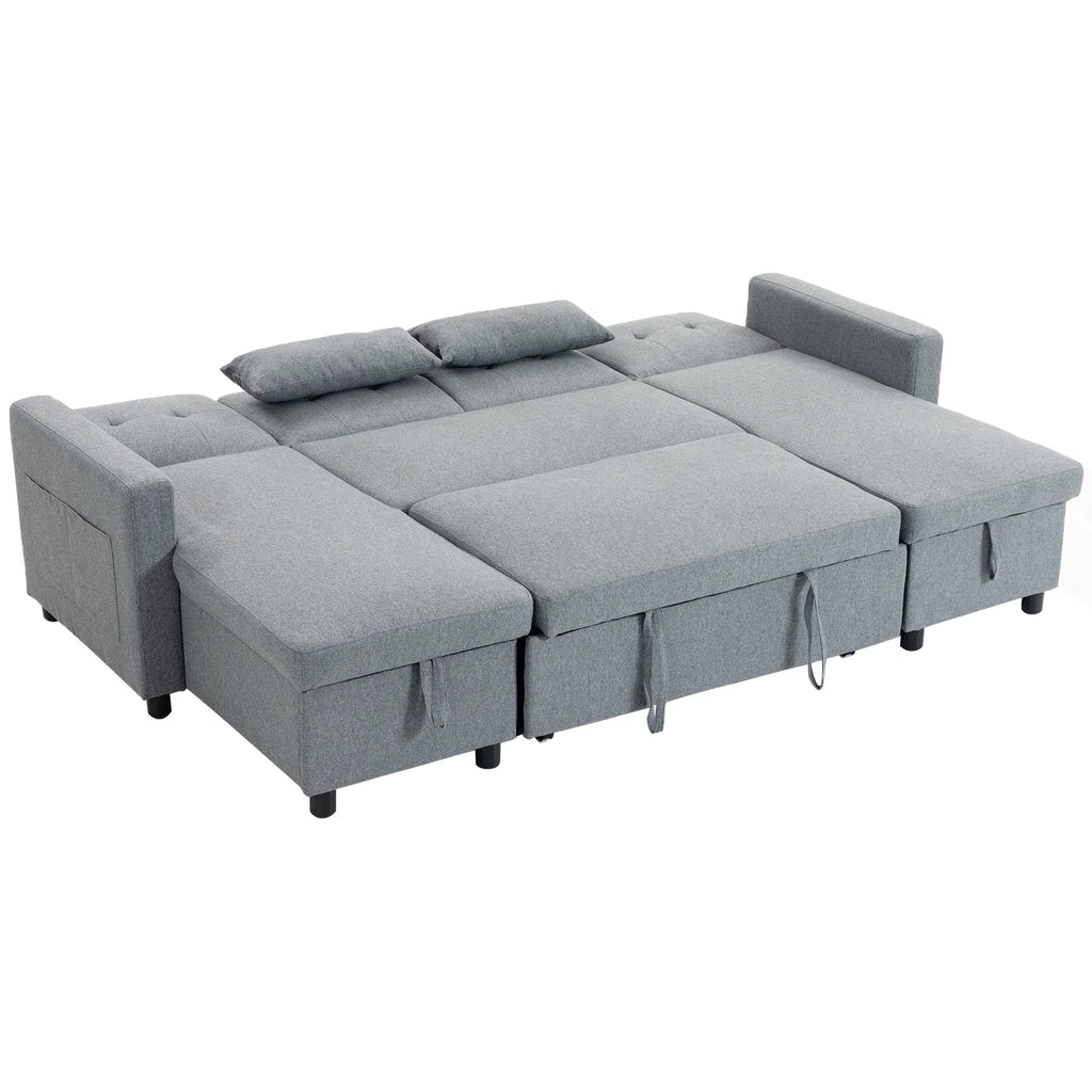Kampinė sofa su miegama funkcija U formos 4 vietų sofa su stalčiais pilka