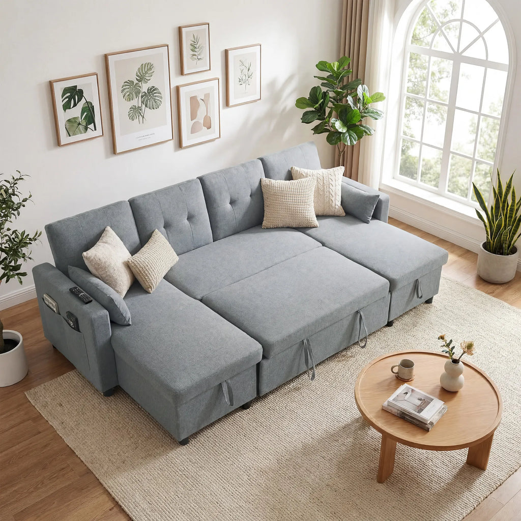 Kampinė sofa su miegama funkcija U formos 4 vietų sofa su stalčiais pilka