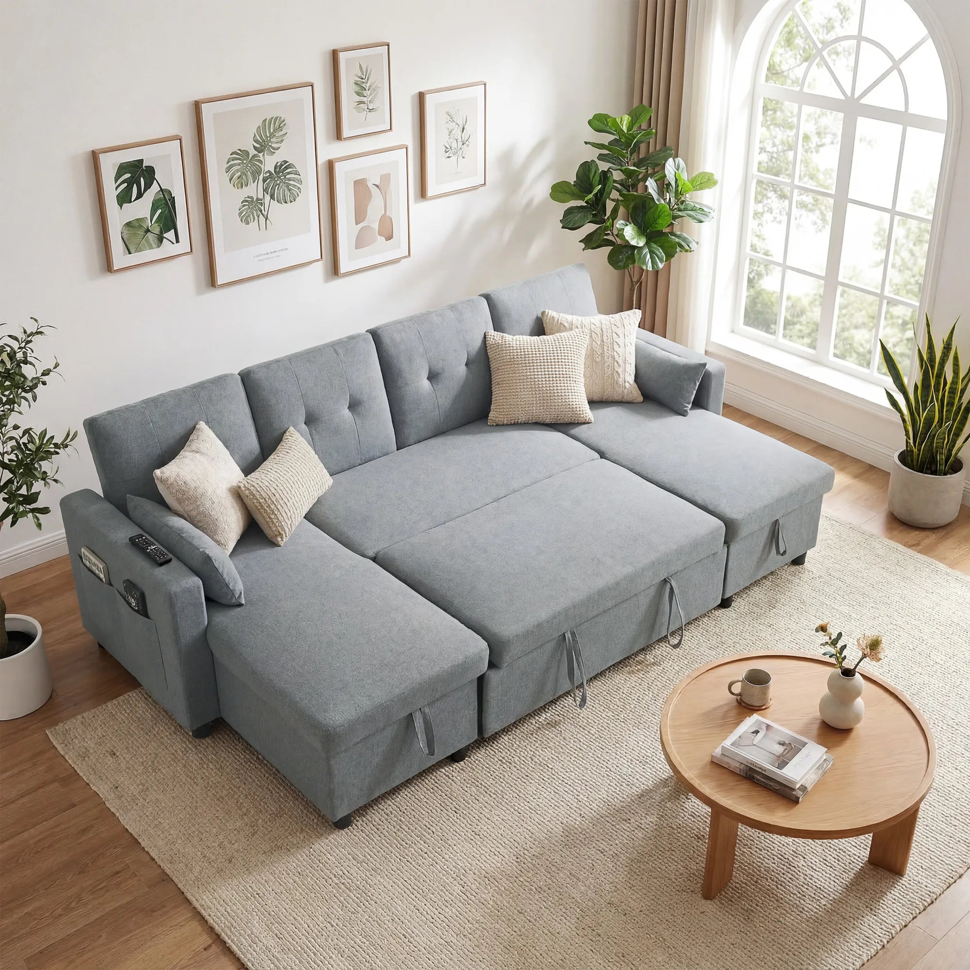Kampinė sofa su miegama funkcija U formos 4 vietų sofa su stalčiais pilka