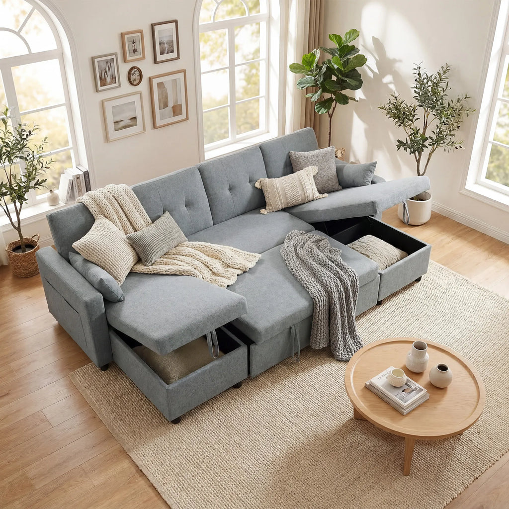 Kampinė sofa su miegama funkcija U formos 4 vietų sofa su stalčiais pilka