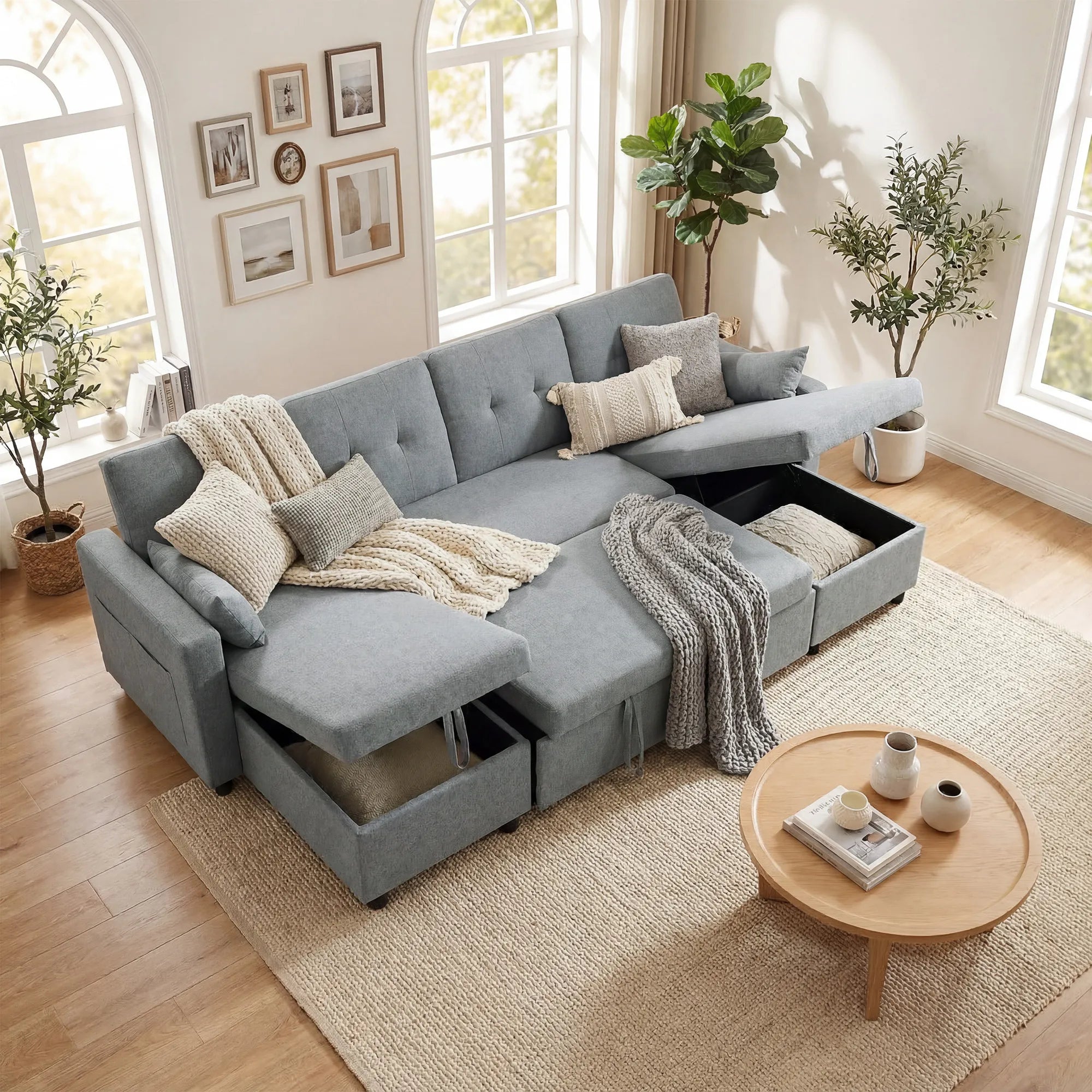 Kampinė sofa su miegama funkcija U formos 4 vietų sofa su stalčiais pilka