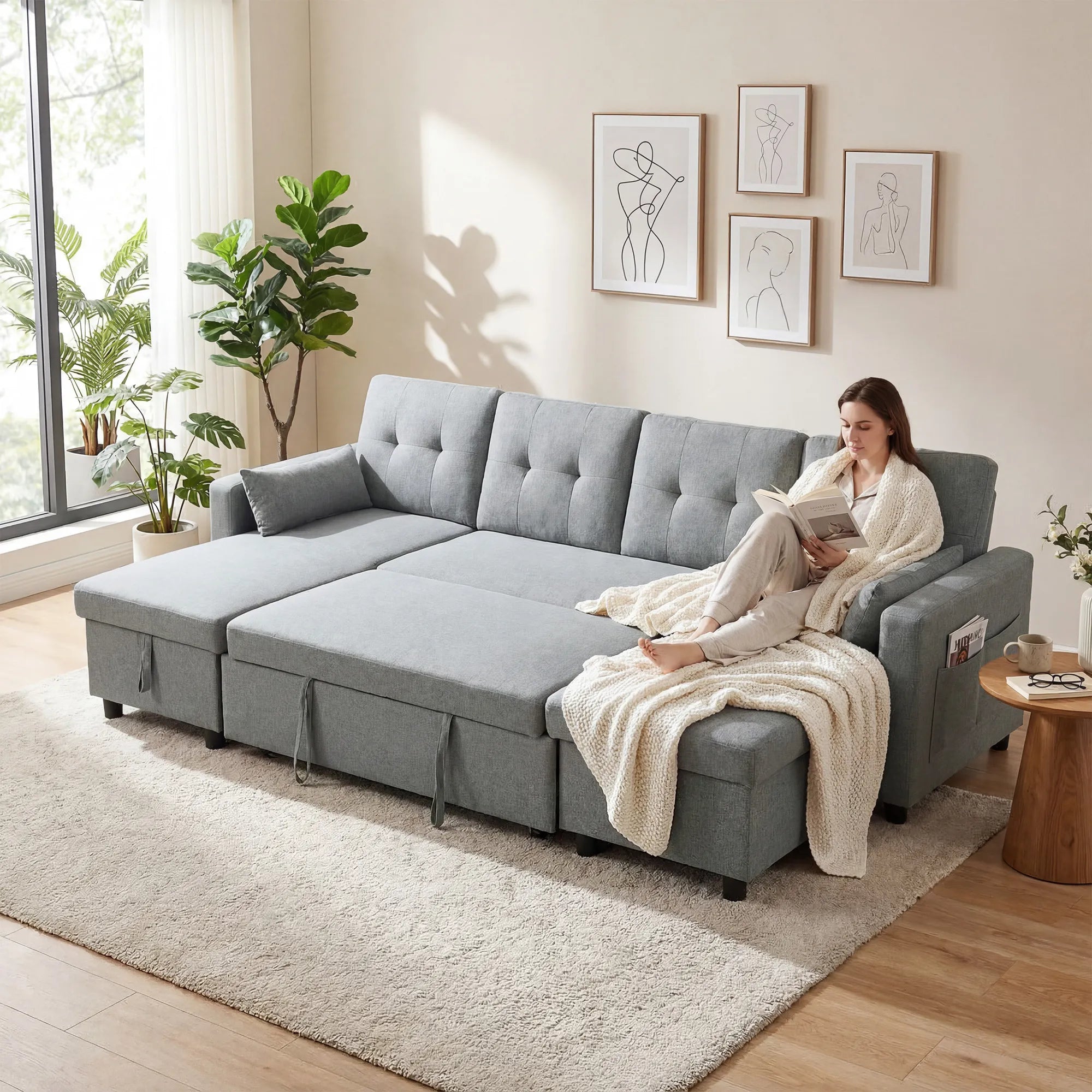 Kampinė sofa su miegama funkcija U formos 4 vietų sofa su stalčiais pilka
