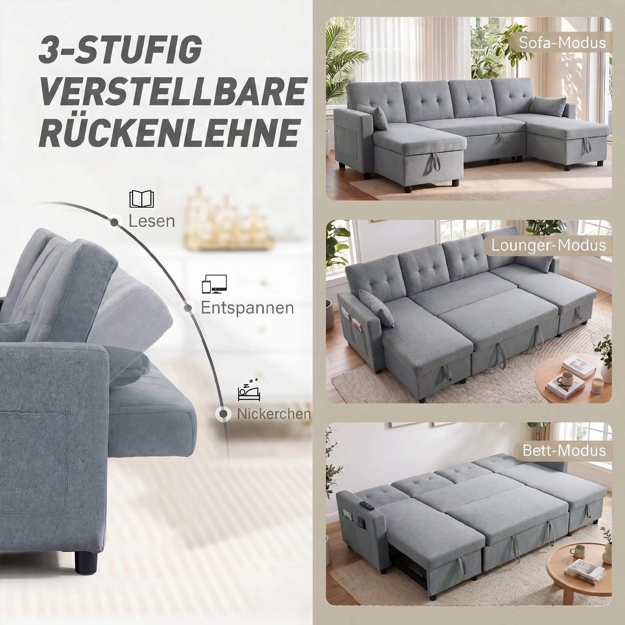 Kampinė sofa su miegama funkcija U formos 4 vietų sofa su stalčiais pilka