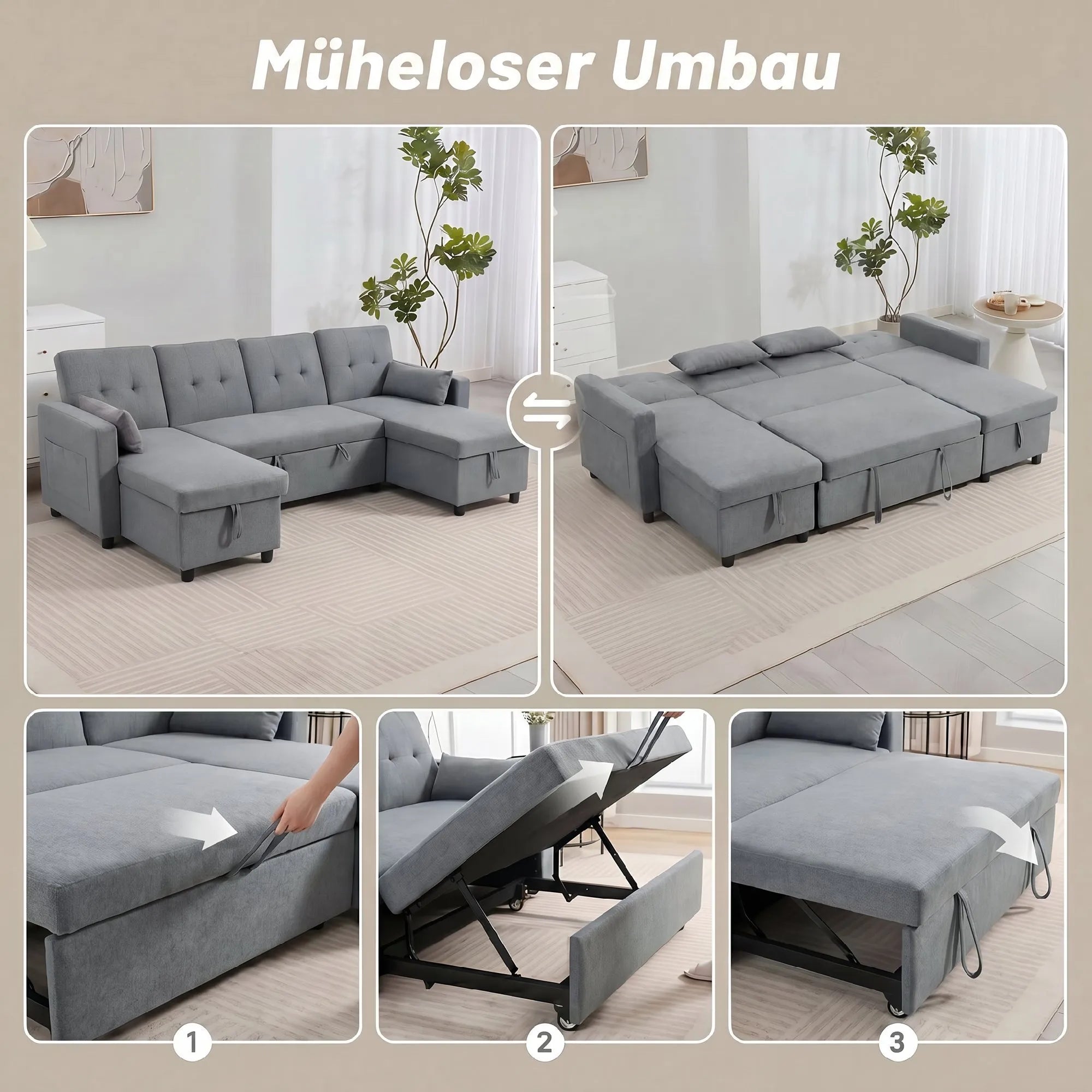 Kampinė sofa su miegama funkcija U formos 4 vietų sofa su stalčiais pilka