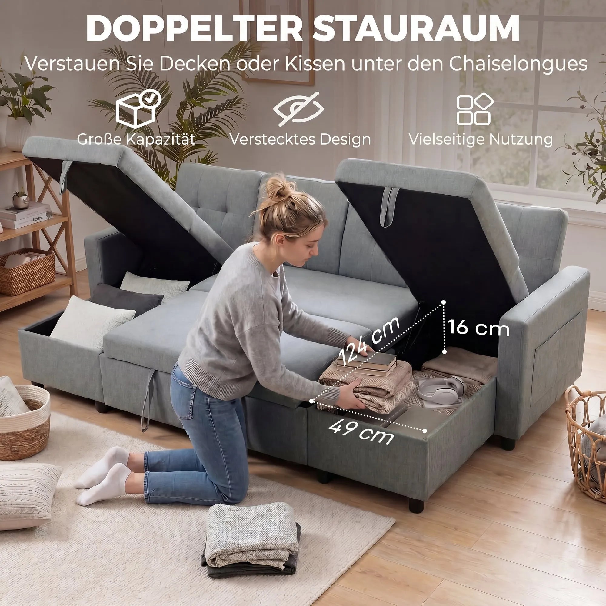 Kampinė sofa su miegama funkcija U formos 4 vietų sofa su stalčiais pilka