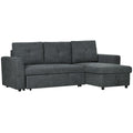 Tamsiai pilka kampinė sofa su patalynės dėže, baltame fone