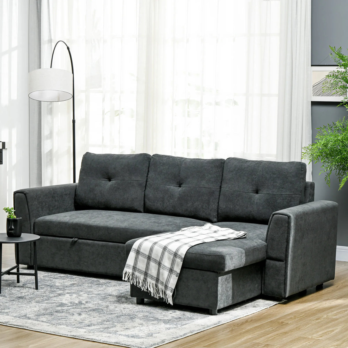 Kampinė sofa su miegamąja funkcija ir patalynės dėže, tamsiai pilka
