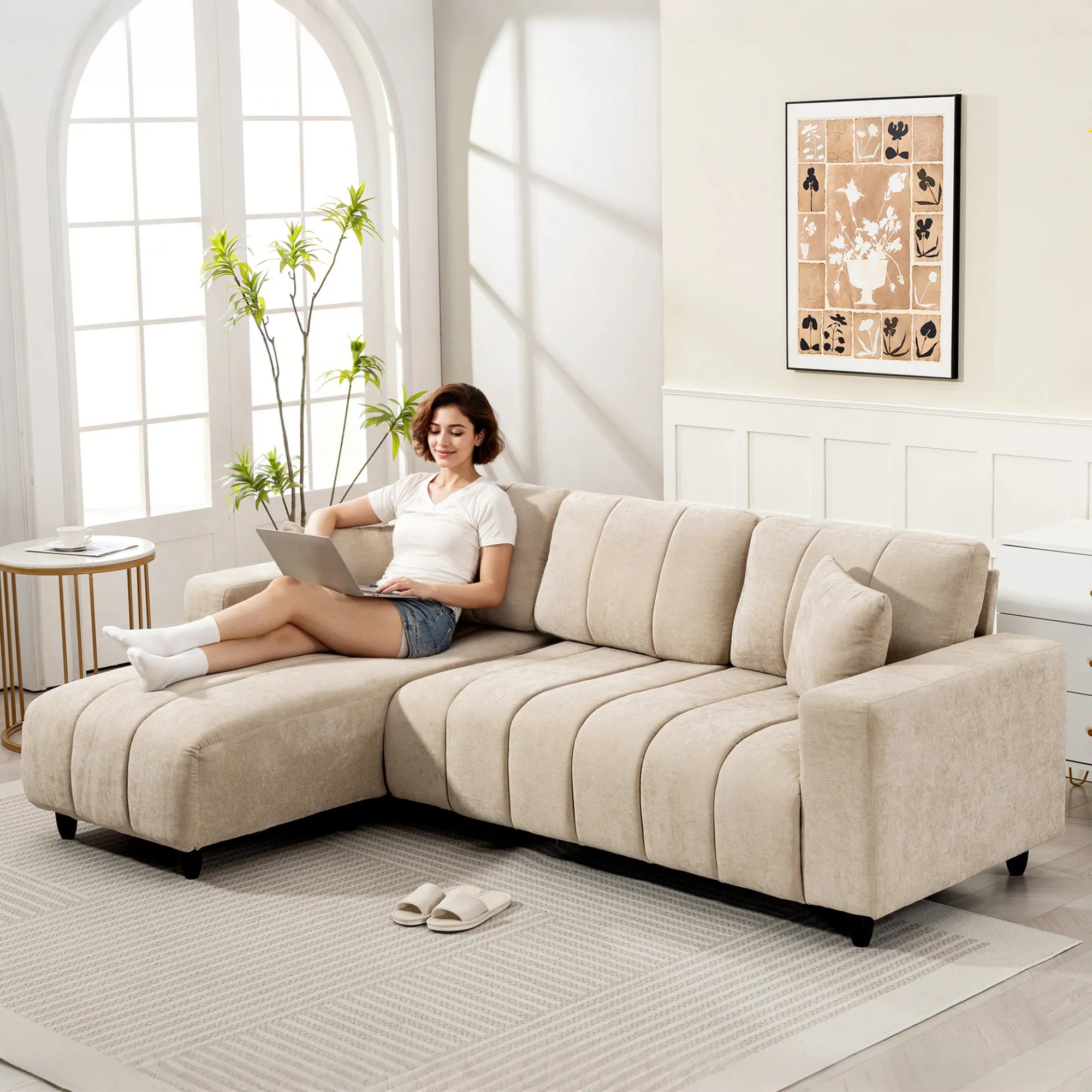 Kampinė sofa su reguliuojama gultuve, 242 cm, smėlio