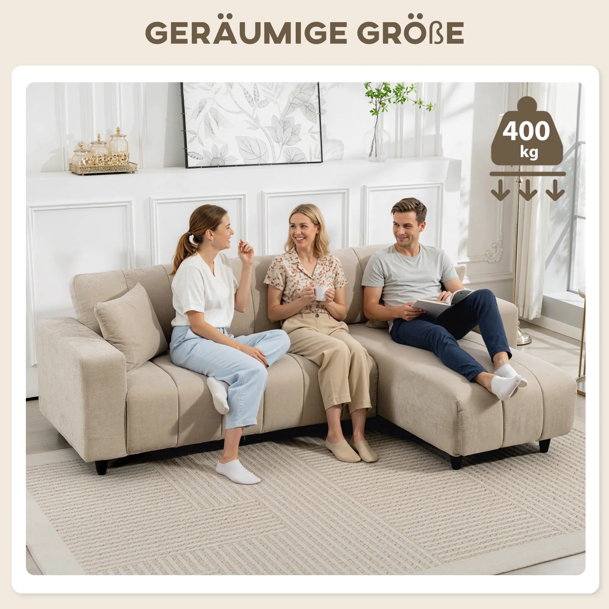 Kampinė sofa su reguliuojama gultuve, 242 cm, smėlio