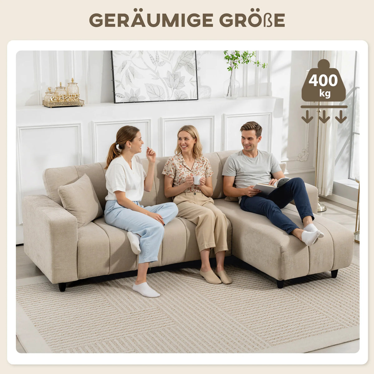 Kampinė sofa su reguliuojama gultuve, 242 cm, smėlio