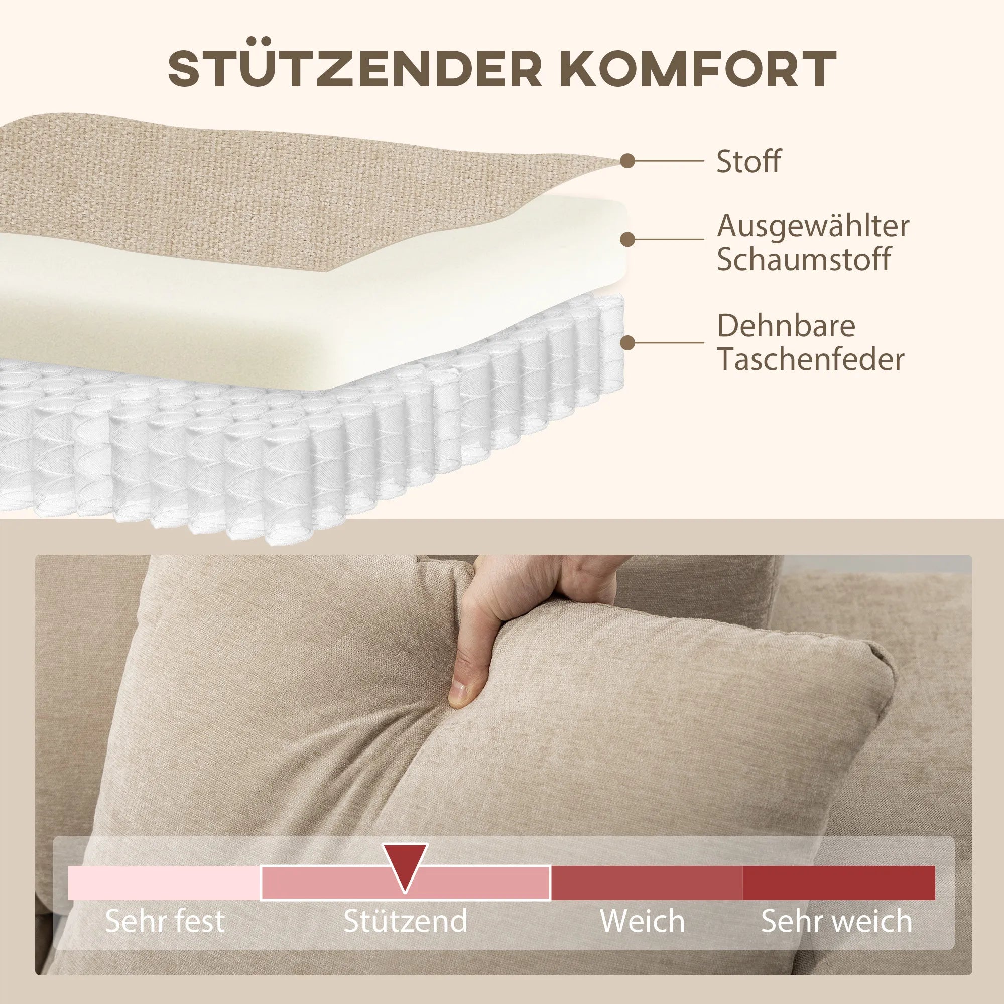 Kampinė sofa su reguliuojama gultuve, 242 cm, smėlio