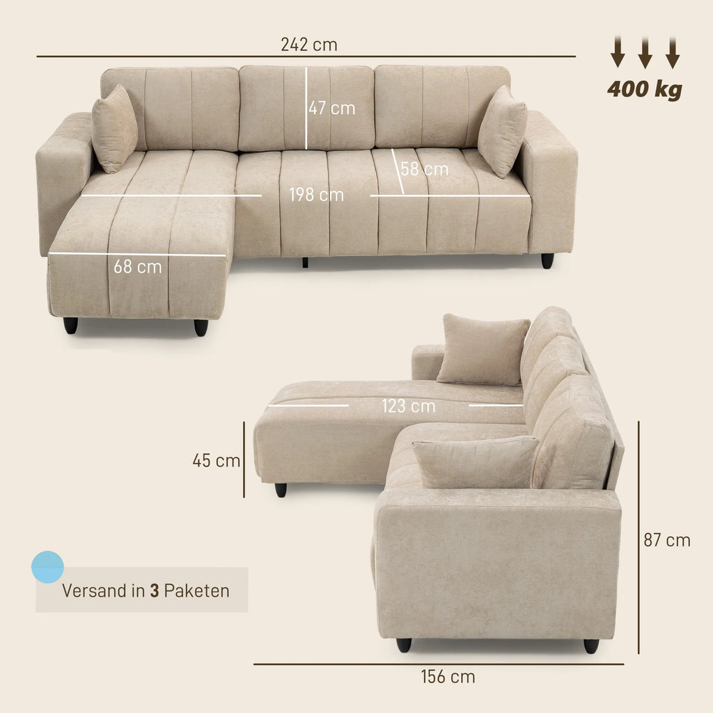 Kampinė sofa su reguliuojama gultuve, 242 cm, smėlio