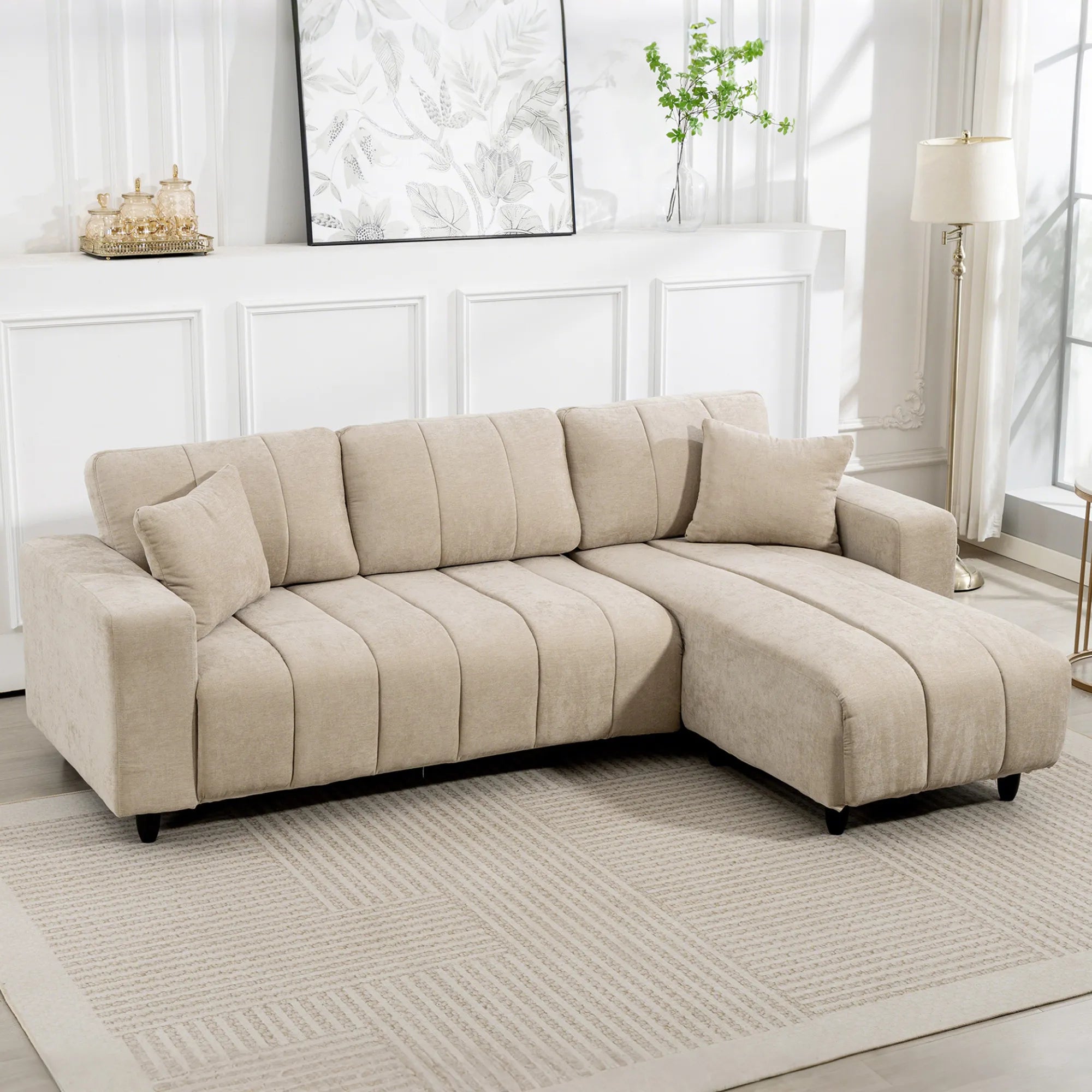 Kampinė sofa su reguliuojama gultuve, 242 cm, smėlio