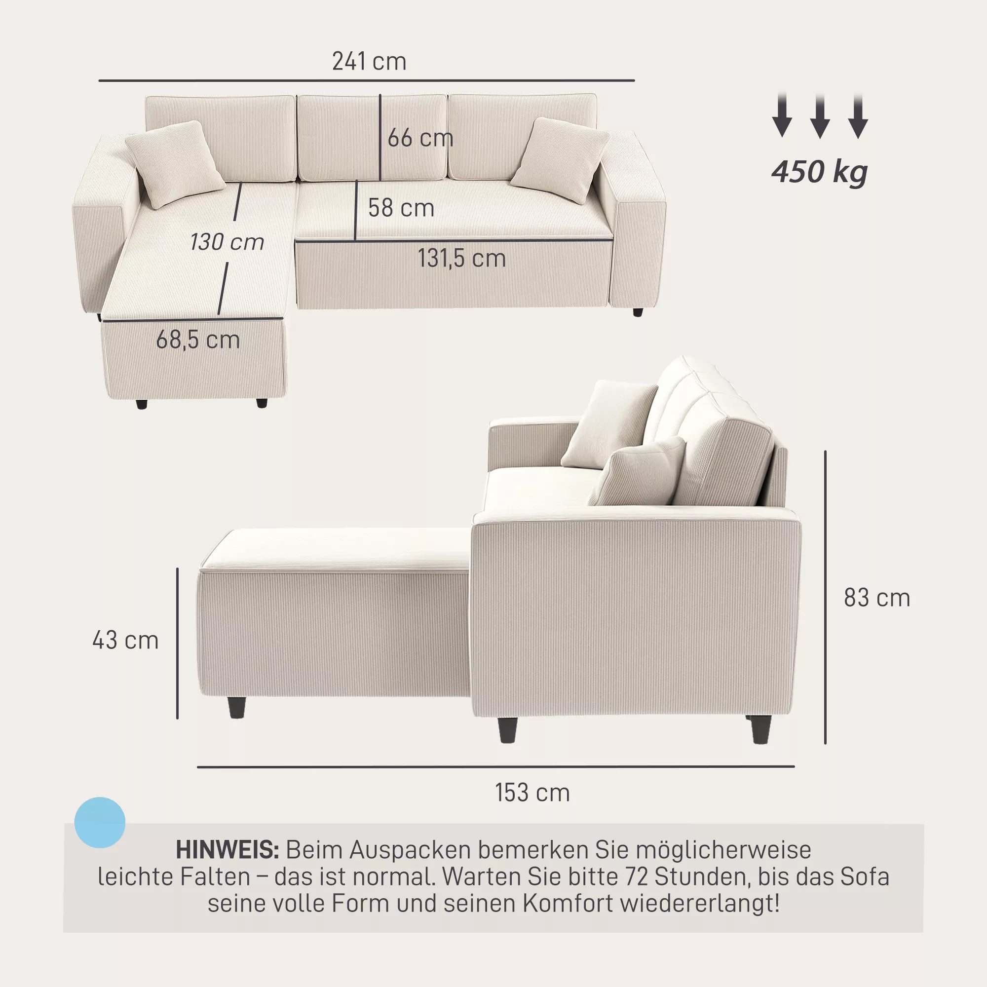 Kampinė sofa su šezlongu, 3 vietų, su pagalvėlėmis, kreminė