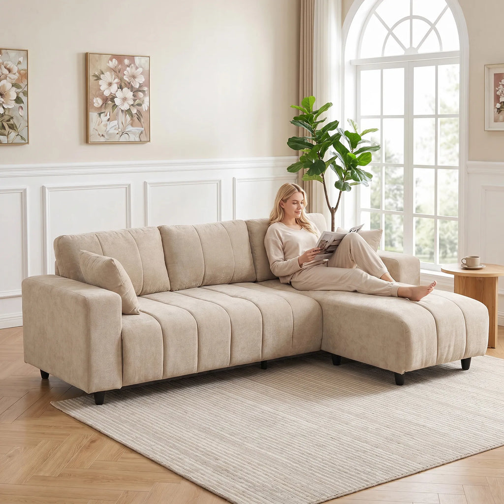 Kampinė sofa su universaliais gultais, 242 cm, smėlio spalvos