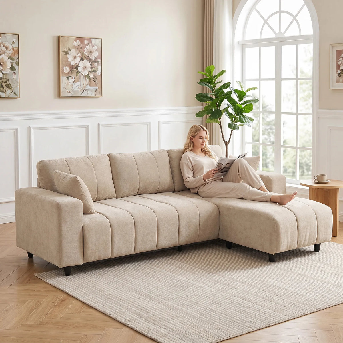 Kampinė sofa su universaliais gultais, 242 cm, smėlio spalvos