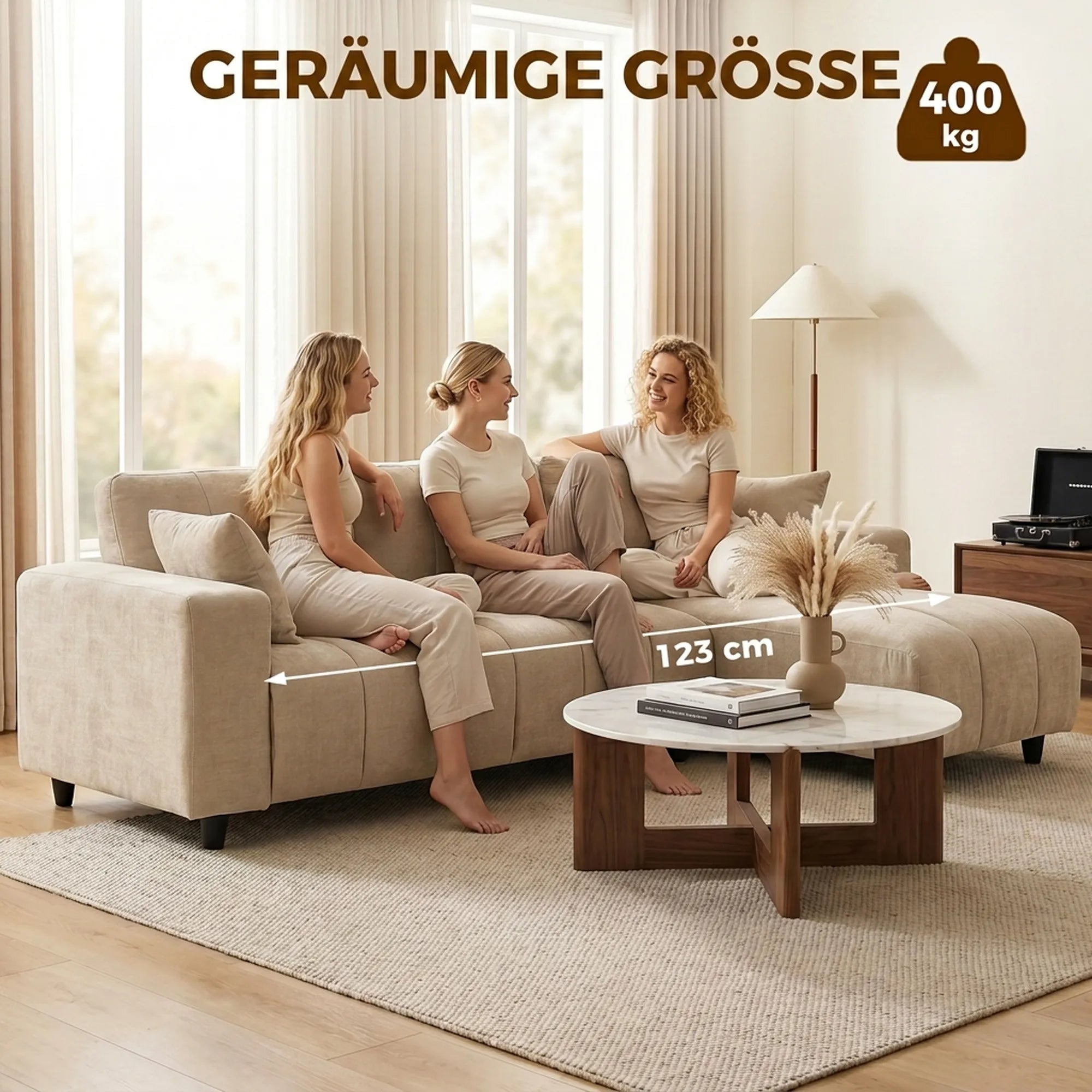 Kampinė sofa su universaliais gultais, 242 cm, smėlio spalvos