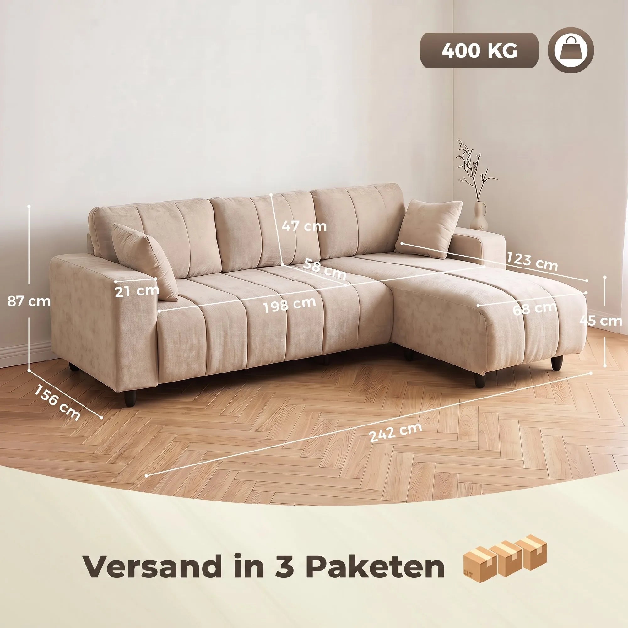 Kampinė sofa su universaliais gultais, 242 cm, smėlio spalvos