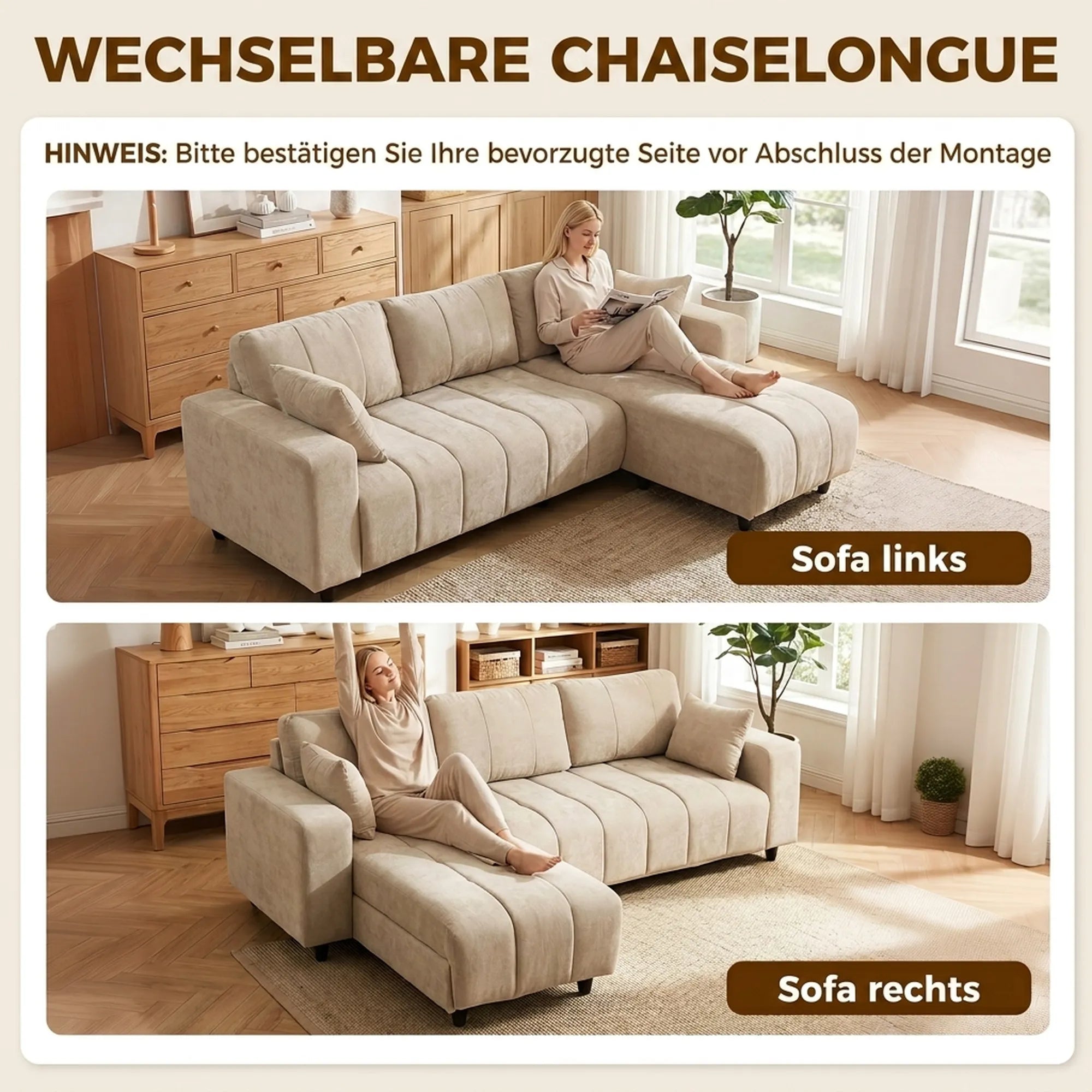 Kampinė sofa su universaliais gultais, 242 cm, smėlio spalvos