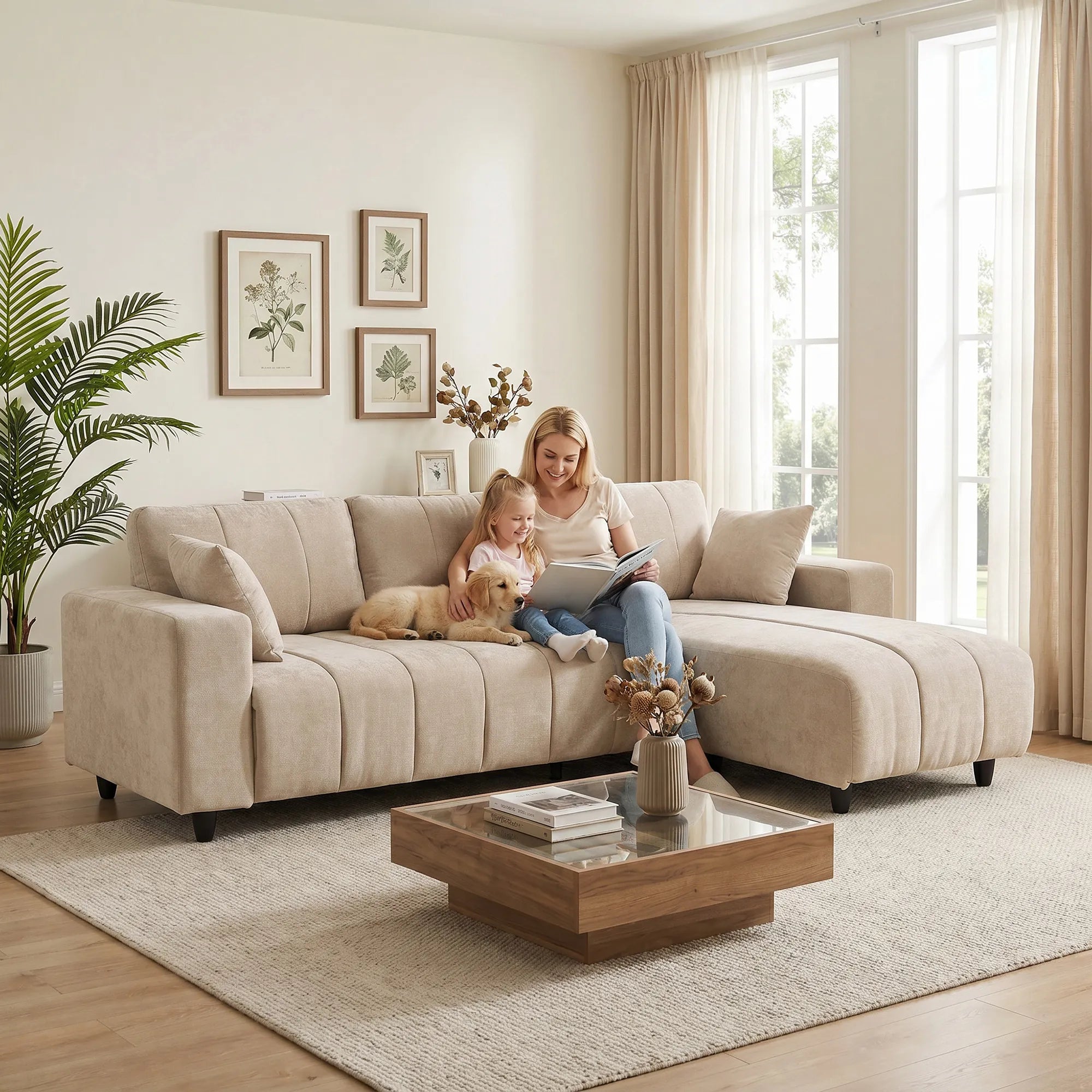 Kampinė sofa su universaliais gultais, 242 cm, smėlio spalvos