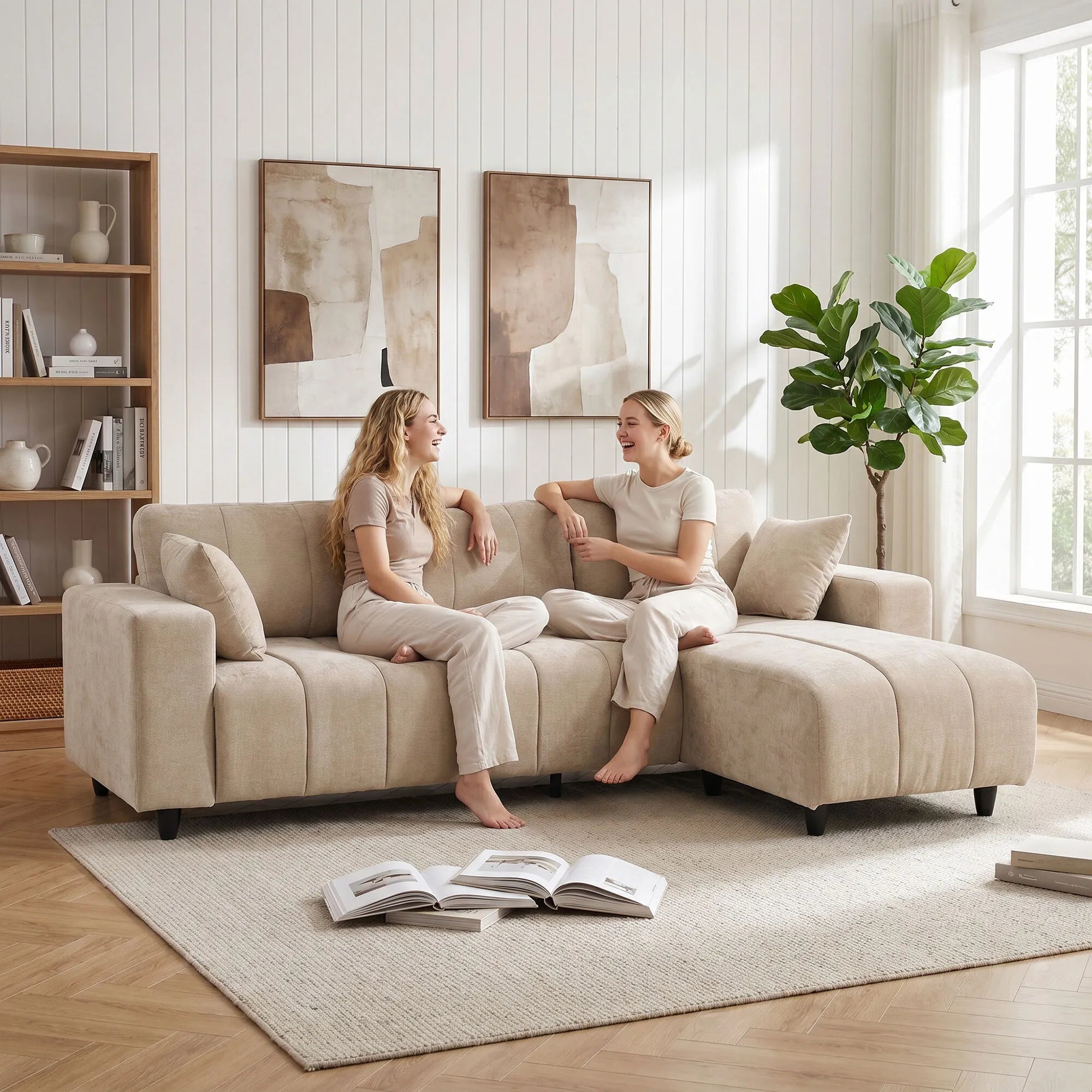 Kampinė sofa su universaliais gultais, 242 cm, smėlio spalvos