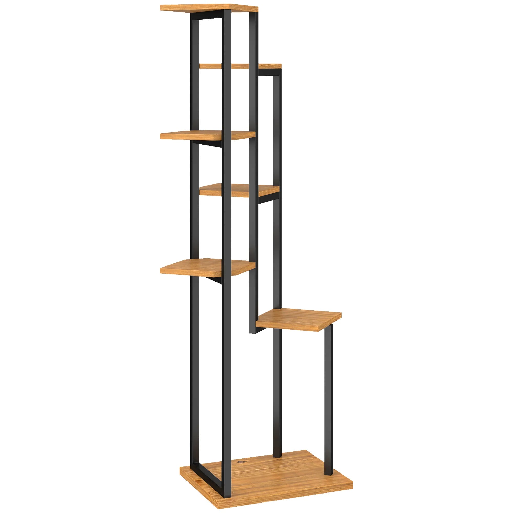 Kampinis gėlių stovas 7 vazonams, metalas ir medis, 56 x 44 x 130 cm, juoda ir šviesiai ruda