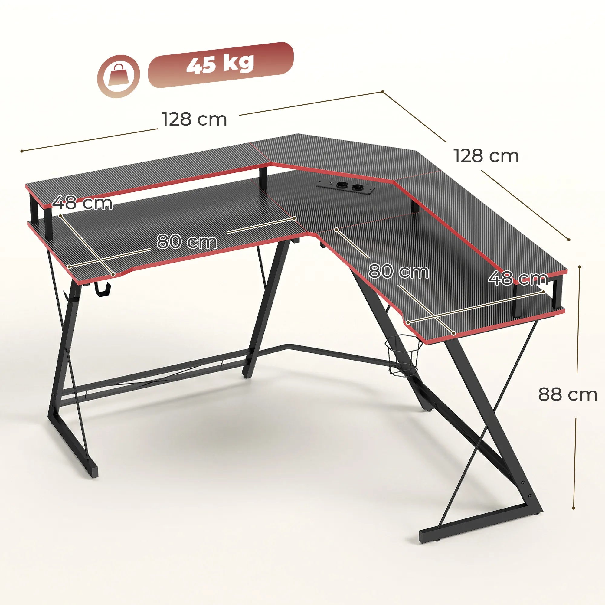 Kampinis kompiuterio stalas su monitoriaus stovu ir įkrovimo stotele, 128 cm, juodas