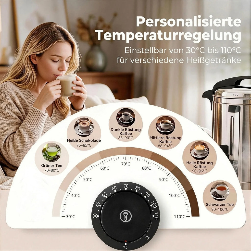 Infografika su temperatūros nustatymais nuo 30 iki 110 laipsnių įvairiems gėrimams