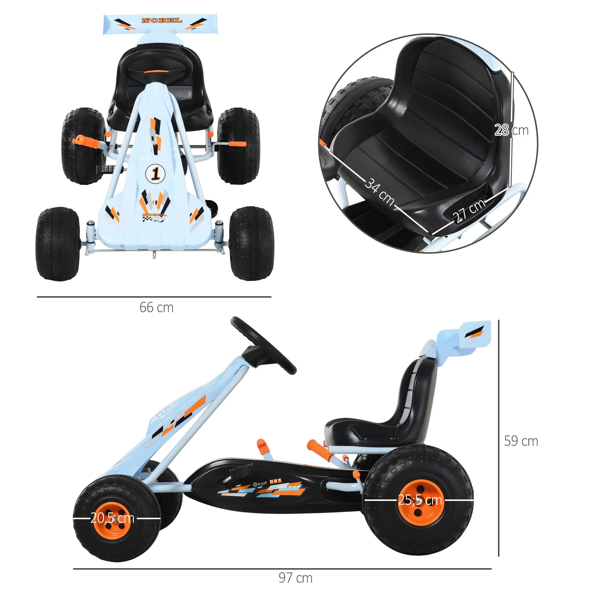 Kartingas vaikiškas su rankiniu stabdžiu, reguliuojama sėdyne, vaikams nuo 3 metų, pilkas