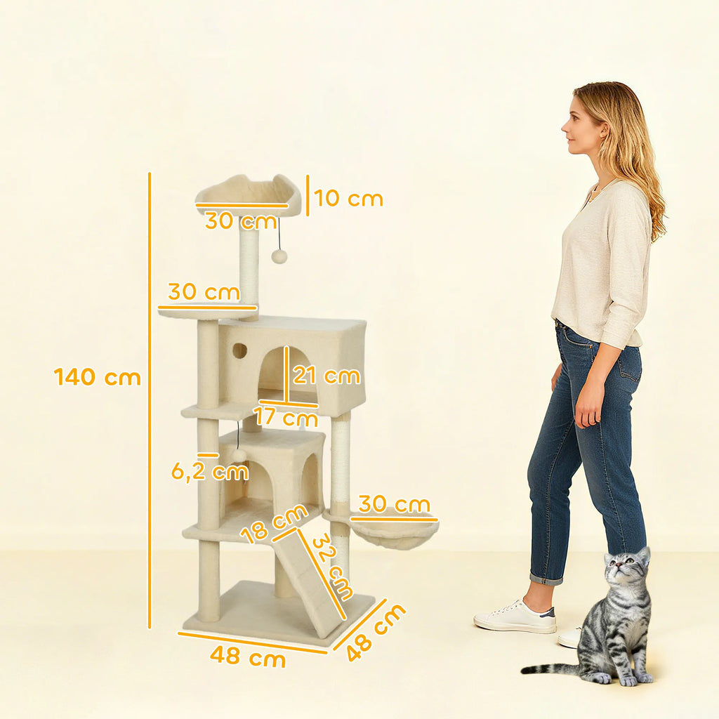 Katės draskyklė 140 cm su hamaku, kopėčiomis ir nameliu, smėlio spalvos