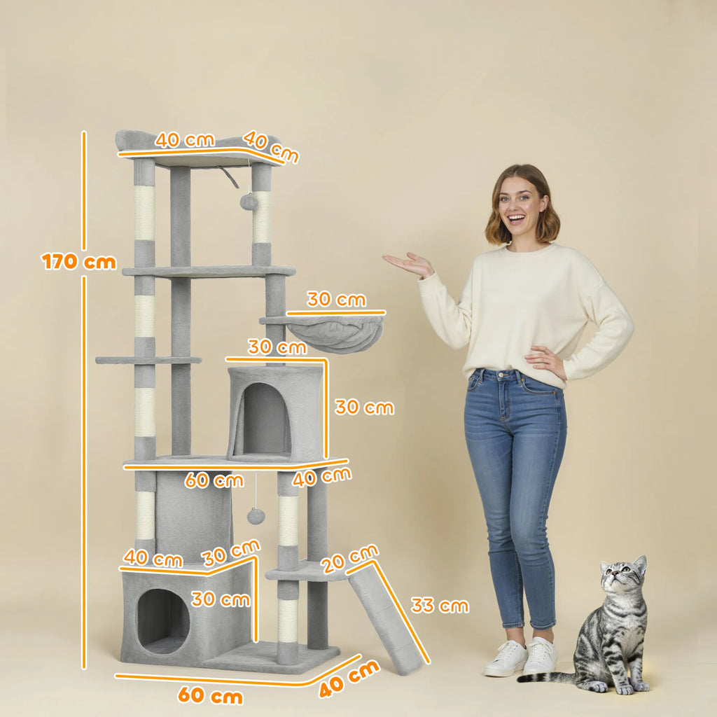 Katės draskyklė, 170 cm, su nameliais ir tuneliu, šviesiai pilka