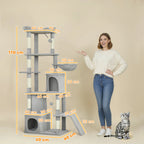 Katės draskyklė, 170 cm, su nameliais ir tuneliu, šviesiai pilka
