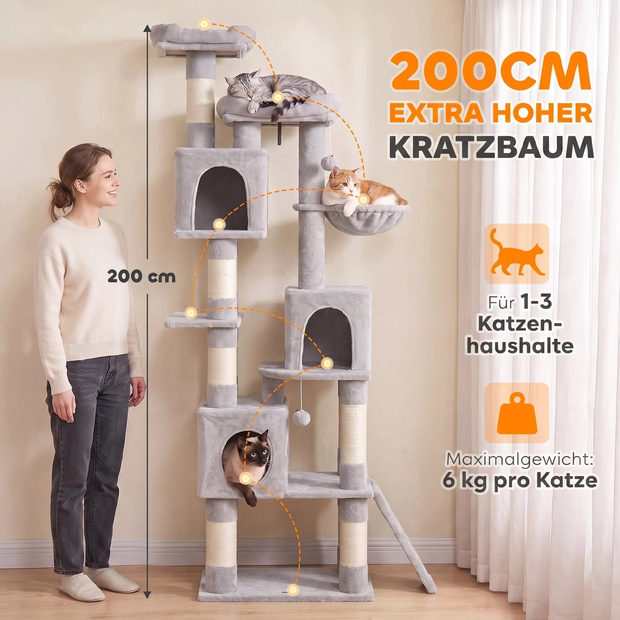 Katės draskyklė, 200 cm, šviesiai pilka