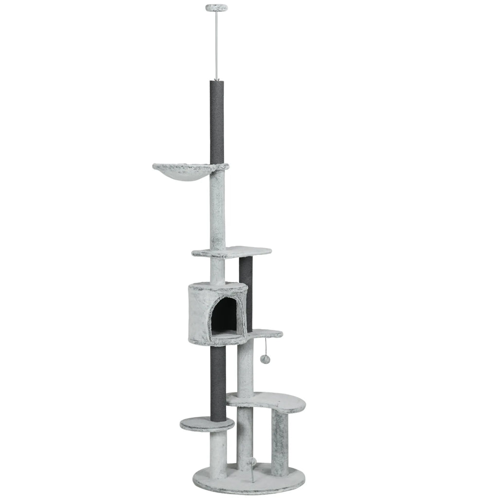 Katės draskyklė iki lubų su hamaku, nameliu ir platformomis, 225–255 cm, pilka