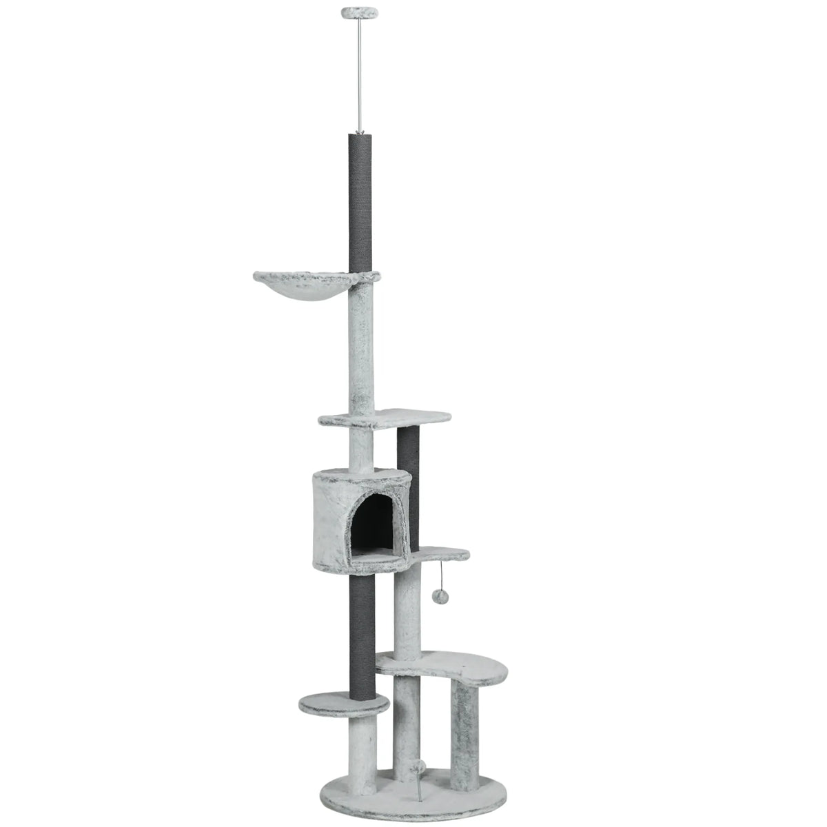 Katės draskyklė iki lubų su hamaku, nameliu ir platformomis, 225–255 cm, pilka