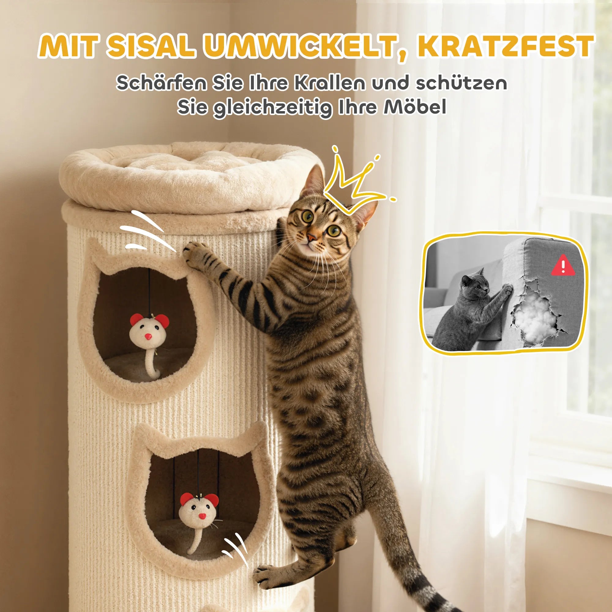 Katės draskyklė-namas 96 cm, 4 aukštų su miegama vieta, kreminės spalvos