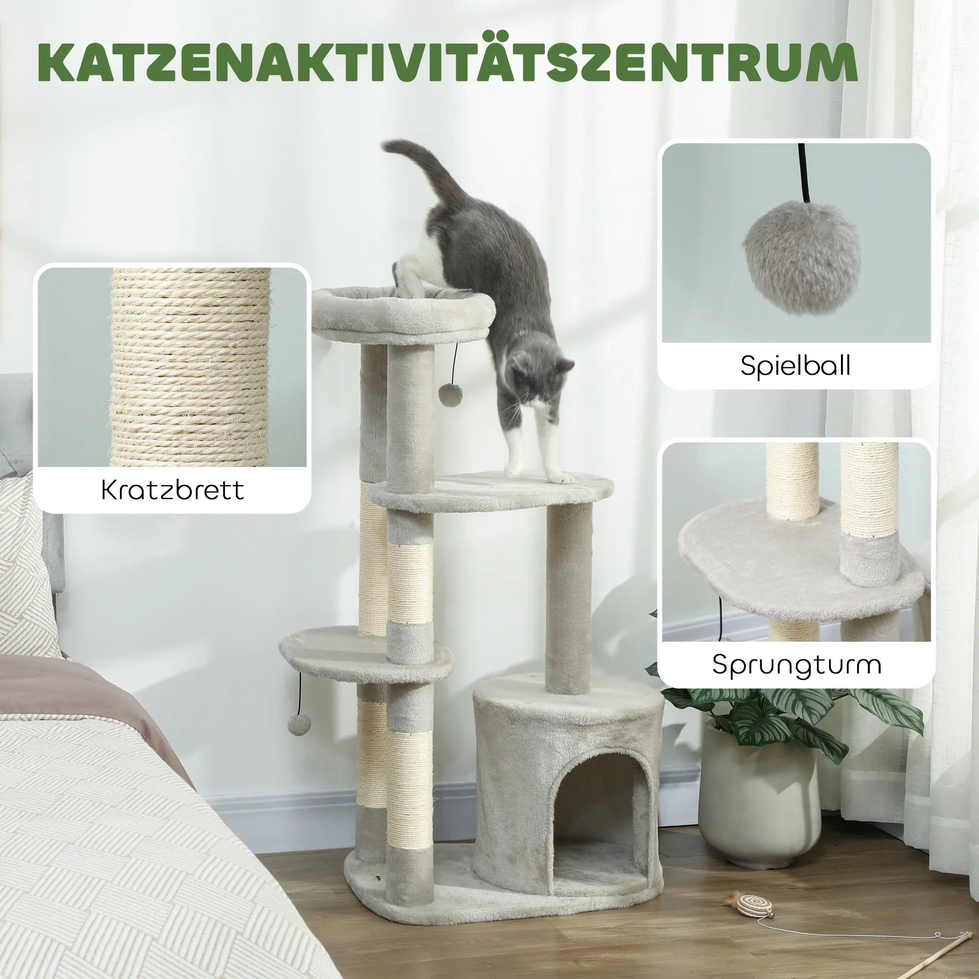 Katės draskyklė-namelis, 114 cm, šviesiai pilka