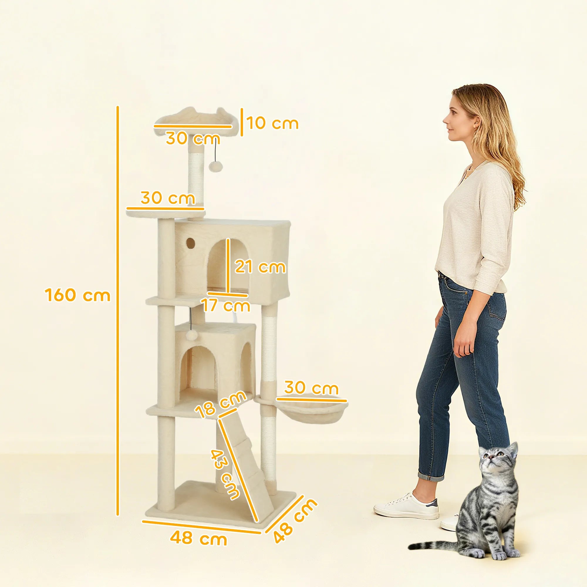 Katės draskyklė-namelis, 160 cm aukščio, su hamaku ir kopėčiomis, smėlio spalvos