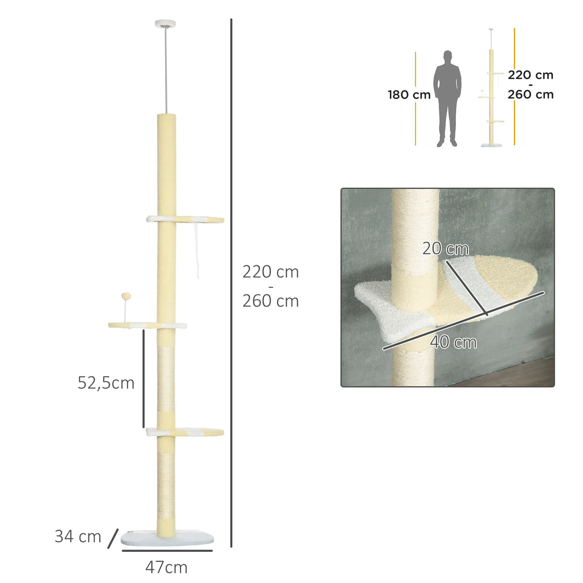 Katės draskyklė-namelis, reguliuojamo aukščio, 220–260 cm, geltona