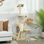 Katės draskyklė su nameliu, 134 cm, smėlio spalvos