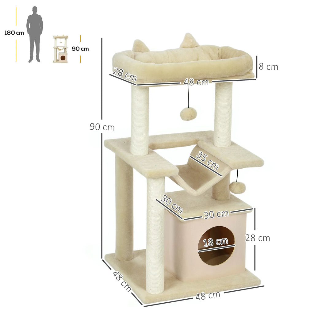 Katės draskyklė su nameliu ir hamaku, iki 4 kg, kreminė