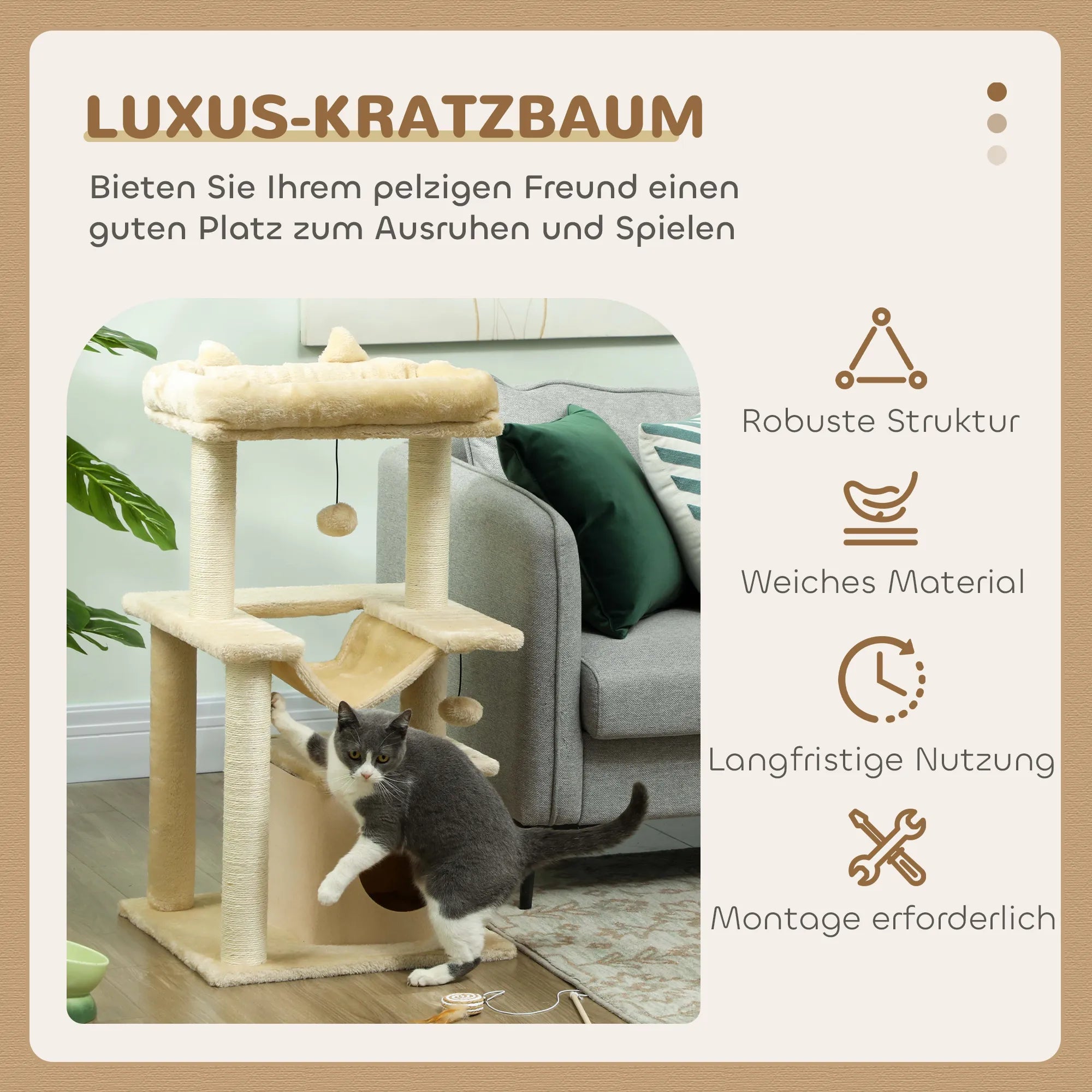 Katės draskyklė su nameliu ir hamaku, iki 4 kg, kreminė
