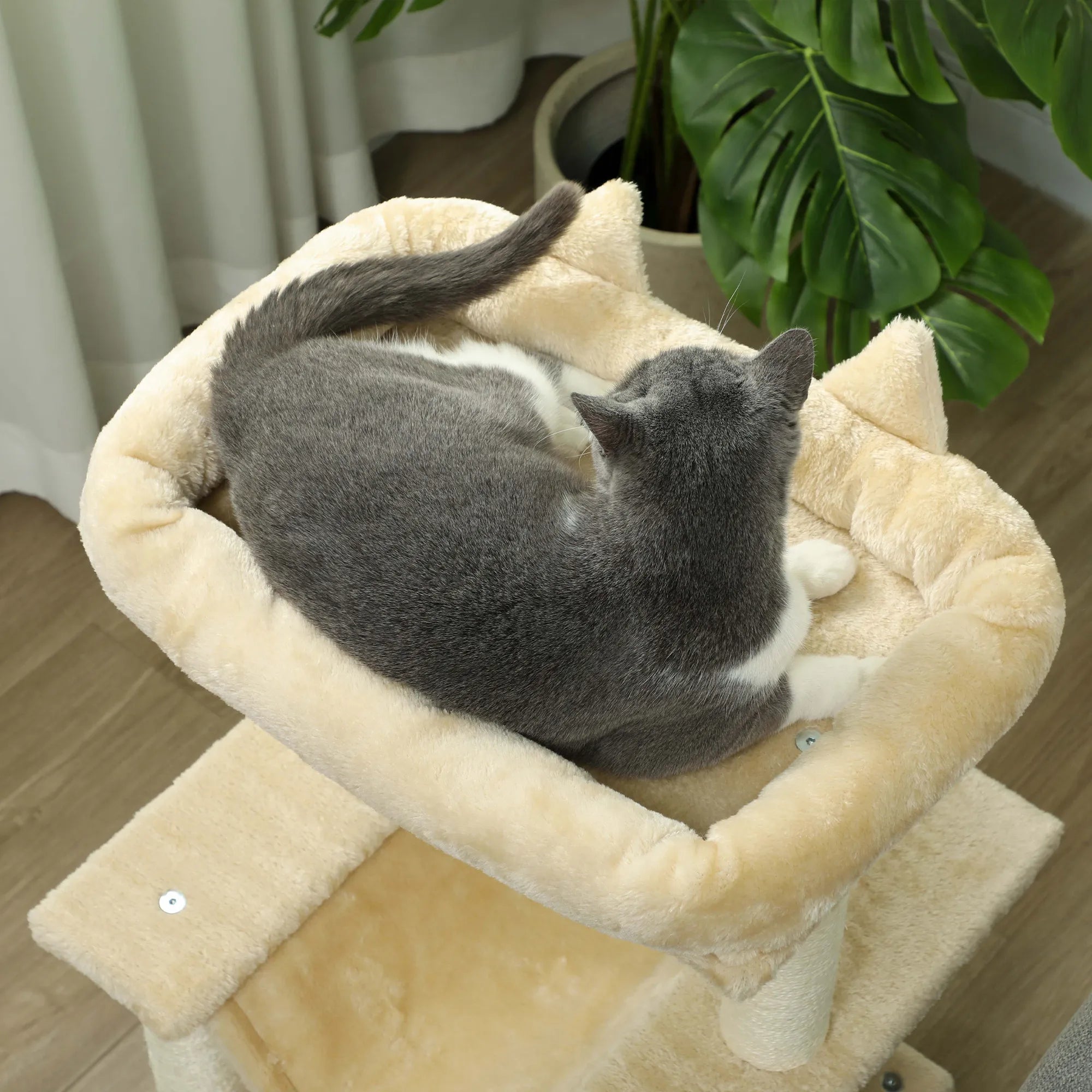 Katės draskyklė su nameliu ir hamaku, iki 4 kg, kreminė