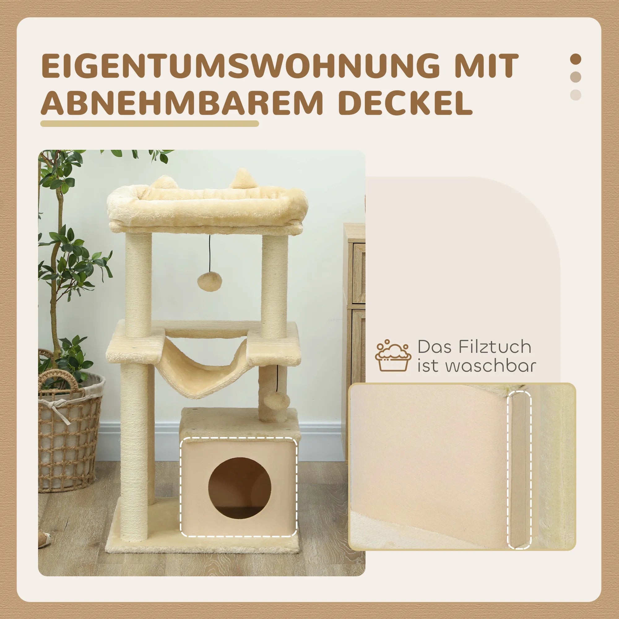 Katės draskyklė su nameliu ir hamaku, iki 4 kg, kreminė