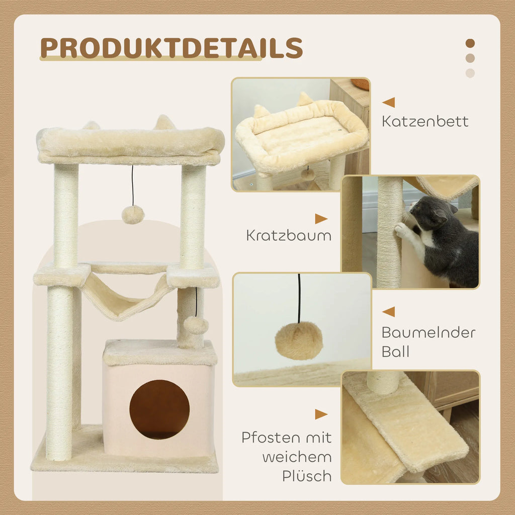 Katės draskyklė su nameliu ir hamaku, iki 4 kg, kreminė