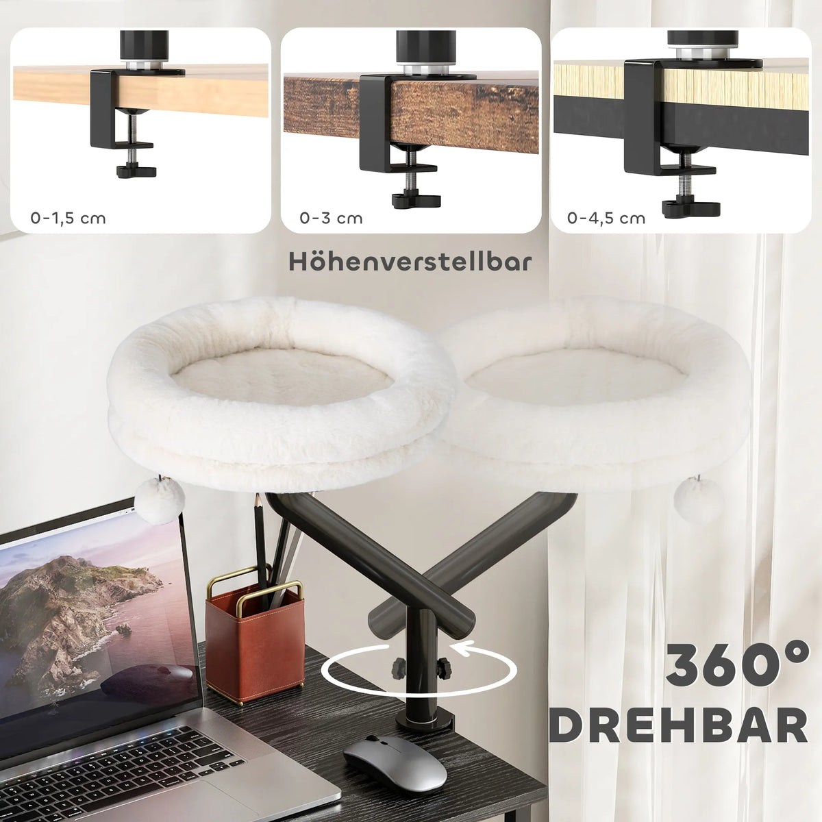 Katės lova prie stalo su 360° pasukimu, reguliuojamu aukščiu, kreminė balta