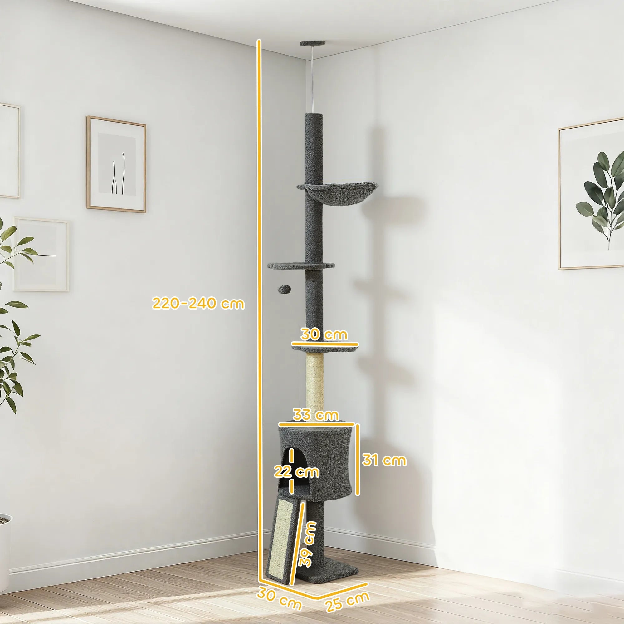 Katės medis su nameliu ir hamaku, 220-240 cm, tamsiai pilkas