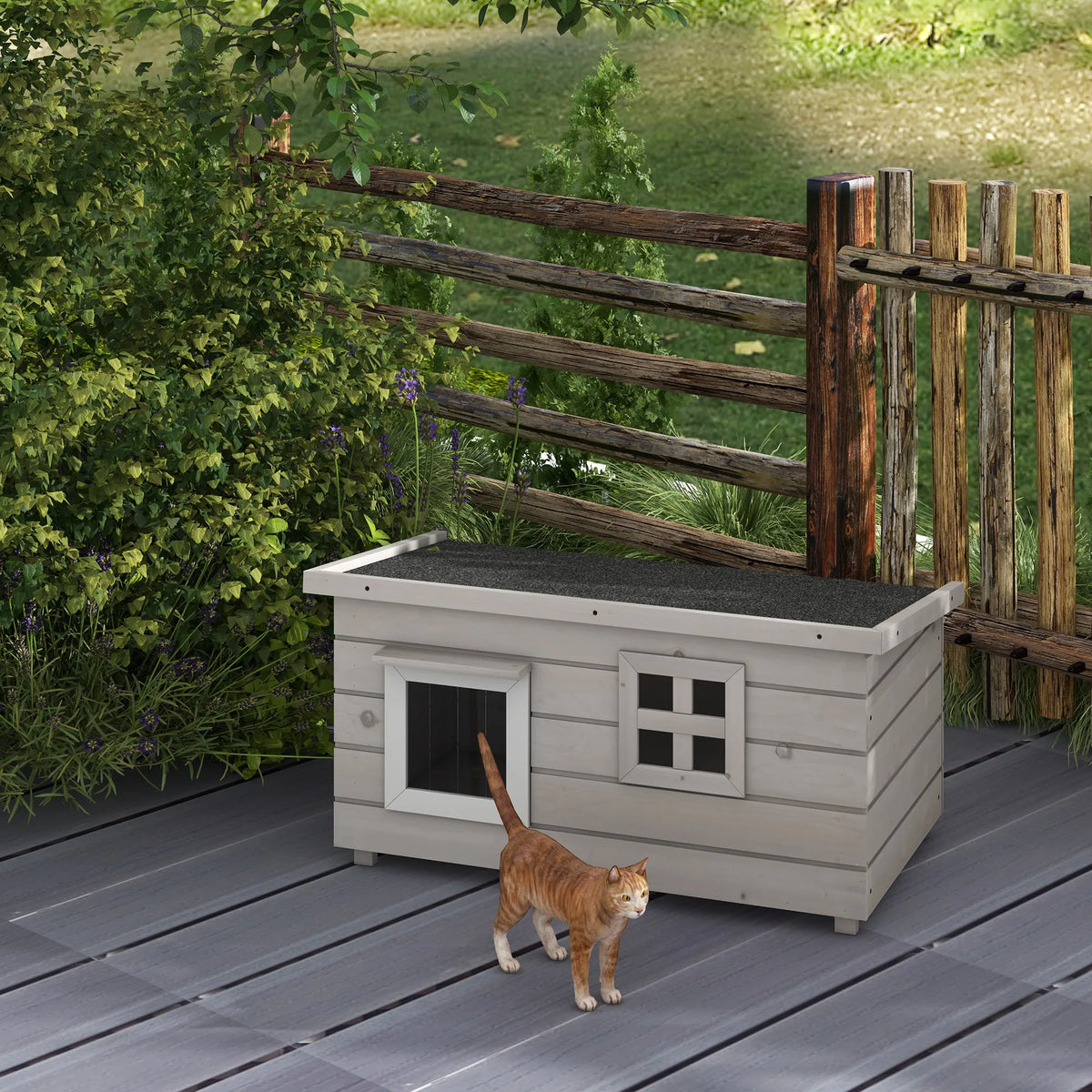 Katės namelis medinis su atverčiamu stogu, 87 x 52 x 44 cm, pilkas