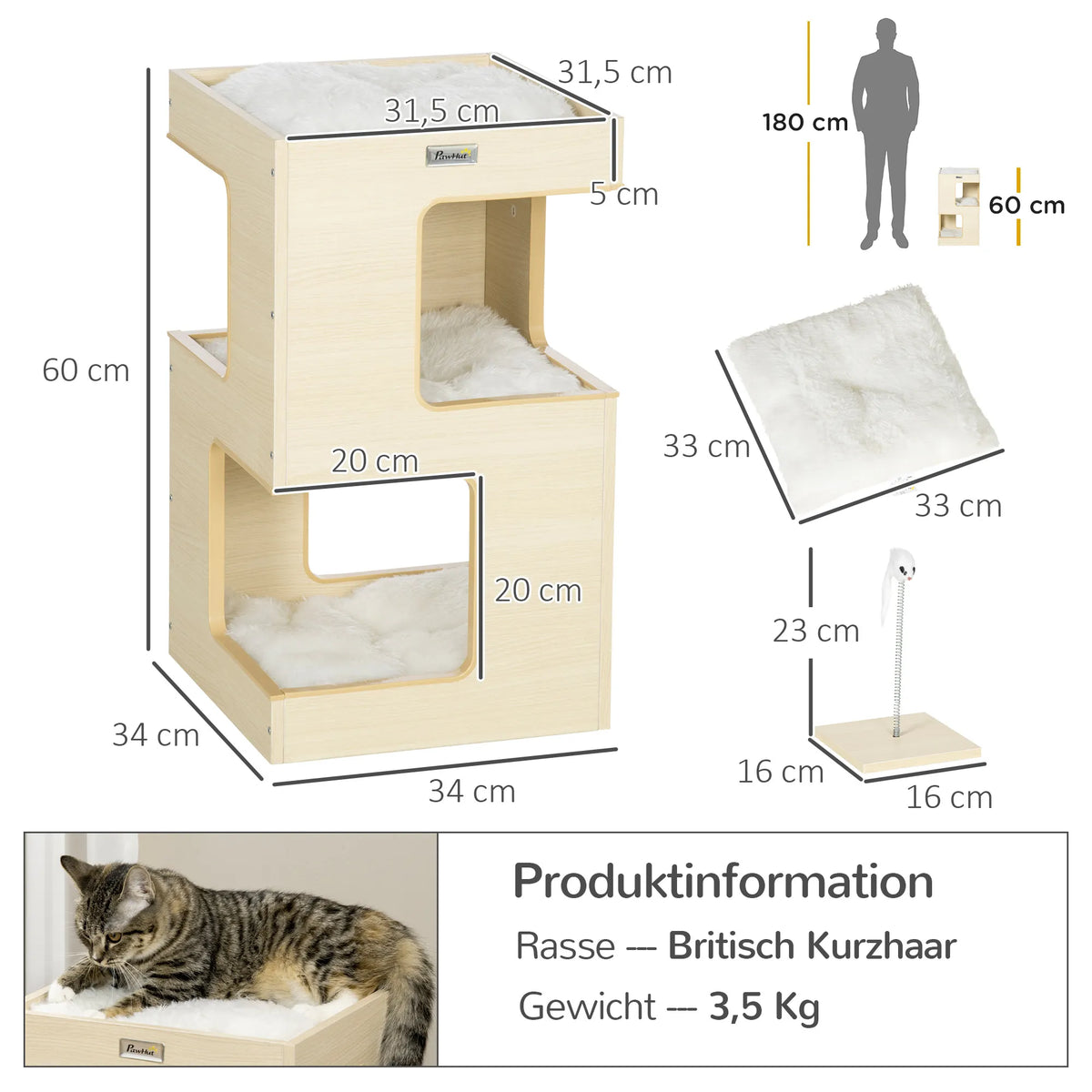 Katės namelis Petkit, 3 aukštų, 34 x 34 x 60 cm, natūrali ir pilka